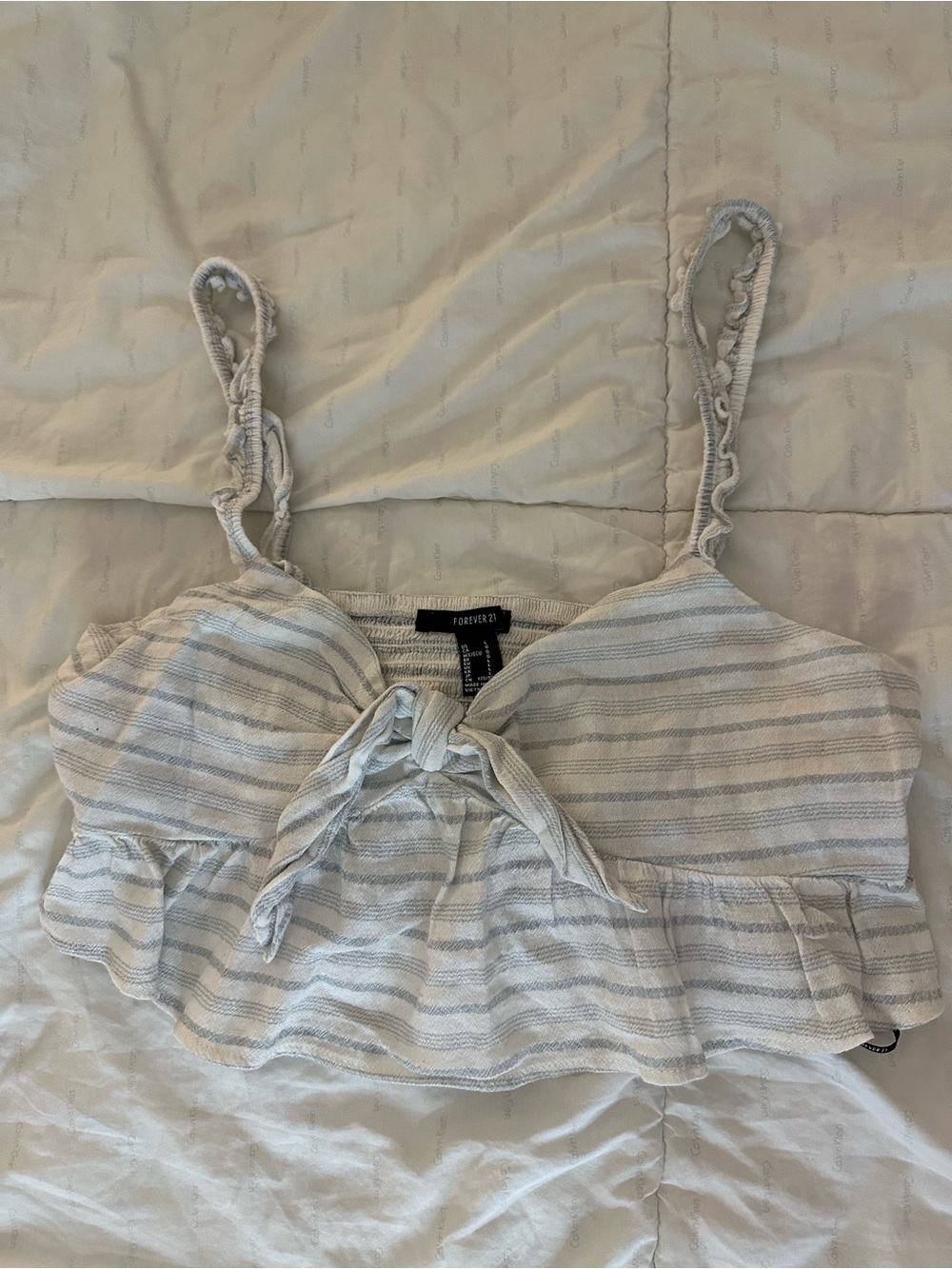 Forever 21 White and Light Blue Striped Tie-Front Ruffle Crop Top